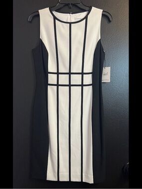 Calvin Klein Black and White Colorblock Sheath Midi Dress